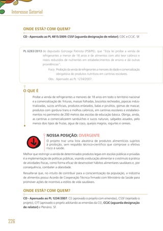 ONDE ESTÁ? COM QUEM?
CD - Apensado ao PL 4815/2009: CSSF (aguarda designação de relator), CDC e CCJC. SF.
PL 6283/2013 do deputado Gonzaga Patriota (PSB/PE), que “Esta lei proíbe a venda de
refrigerantes a menor de 18 anos e de alimentos com alto teor calórico e
níveis reduzidos de nutrientes em estabelecimentos de ensino e dá outras
providências”.
	 Foco: Proibiçãodavendaderefrigerantesamenoresdeidadeecomercialização
obrigatória de produtos nutritivos em cantinas escolares.
	 Obs.: Apensado ao PL 1234/2007.
O QUE É
Proíbe a venda de refrigerantes a menores de 18 anos em todo o território nacional
e a comercialização de: frituras, massas folhadas, biscoitos recheados, pipocas indus-
trializadas, sucos artificiais, produtos enlatados, balas e pirulitos, gomas de mascar,
produtos com gordura trans e molhos calóricos, em cantinas escolares e estabeleci-
mentos no perímetro de 200 metros das escolas de educação básica. Obriga, ainda,
as cantinas a comercializarem sanduíches e sucos naturais, salgados assados, pelo
menos dois tipos de frutas, água de coco, queijos magros, iogurtes e cereais.
NOSSA POSIÇÃO: DIVERGENTE
O projeto traz uma lista aleatória de produtos alimentícios sujeitos
à proibição, sem respaldo técnico-científico que comprove o efetivo
risco à saúde.
Melhor que restringir a venda de determinados produtos legais em escolas públicas e privadas
é a implementação de políticas públicas, visando a educação alimentar e o estímulo à prática
de atividades físicas, como forma eficaz de desenvolver hábitos alimentares saudáveis e, por
consequência, combater a obesidade.
Ressalte-se que, no intuito de contribuir para a conscientização da população, a indústria
de alimentos possui Acordo de Cooperação Técnica firmado com Ministério da Saúde para
promover ações de incentivo a estilos de vida saudáveis.
ONDE ESTÁ? COM QUEM?
CD - Apensado ao PL 1234/2007: CE (aprovado o projeto com emendas), CSSF (rejeitado o
projeto), CFT (aprovado o projeto adotando as emendas da CE), CCJC (aguarda designação
de relator) e Plenário. SF.
Interesse Setorial
226
 