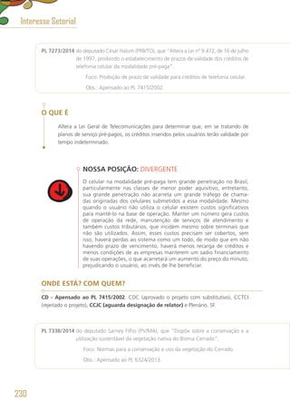PL 7273/2014 do deputado César Halum (PRB/TO), que “Altera a Lei nº 9.472, de 16 de julho
de 1997, proibindo o estabelecimento de prazos de validade dos créditos de
telefonia celular da modalidade pré-paga”.
	 Foco: Proibição de prazo de validade para créditos de telefonia celular.
	 Obs.: Apensado ao PL 7415/2002.
O QUE É
Altera a Lei Geral de Telecomunicações para determinar que, em se tratando de
planos de serviço pré-pagos, os créditos inseridos pelos usuários terão validade por
tempo indeterminado.
NOSSA POSIÇÃO: DIVERGENTE
O celular na modalidade pré-paga tem grande penetração no Brasil,
particularmente nas classes de menor poder aquisitivo, entretanto,
sua grande penetração não acarreta um grande tráfego de chama-
das originadas dos celulares submetidos a essa modalidade. Mesmo
quando o usuário não utiliza o celular existem custos significativos
para mantê-lo na base de operação. Manter um número gera custos
de operação da rede, manutenção de serviços de atendimento e
também custos tributários, que incidem mesmo sobre terminais que
não são utilizados. Assim, esses custos precisam ser cobertos, sem
isso, haverá perdas ao sistema como um todo, de modo que em não
havendo prazo de vencimento, haverá menos recarga de créditos e
menos condições de as empresas manterem um sadio financiamento
de suas operações, o que acarretará um aumento do preço do minuto,
prejudicando o usuário, ao invés de lhe beneficiar.
ONDE ESTÁ? COM QUEM?
CD - Apensado ao PL 7415/2002: CDC (aprovado o projeto com substitutivo), CCTCI
(rejeitado o projeto), CCJC (aguarda designação de relator) e Plenário. SF.
PL 7338/2014 do deputado Sarney Filho (PV/MA), que “Dispõe sobre a conservação e a
utilização sustentável da vegetação nativa do Bioma Cerrado”.
	 Foco: Normas para a conservação e uso da vegetação do Cerrado.
	 Obs.: Apensado ao PL 6324/2013.
Interesse Setorial
230
 
