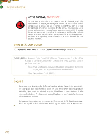 NOSSA POSIÇÃO: DIVERGENTE
Em que pese a importância do cerrado para a conservação da bio-
diversidade e a regulação do regime hídrico de importantes bacias
hidrográficas, a adoção de leis regionais não contribui para a coesão
da legislação ambiental brasileira. Desta forma, entendemos que a
correta aplicação dos marcos legais vigentes relacionados à gestão
dos recursos naturais, controle e licenciamento ambiental e ordena-
mento territorial são suficientes para garantir a adequada ocupação
do bioma e o equilíbrio entre conservação e o uso racional de seus
recursos naturais.
ONDE ESTÁ? COM QUEM?
CD - Apensado ao PL 6324/2013: CESP (aguarda constituição) e Plenário. SF.
PL 7591/2014 do deputado Pedro Paulo (PMDB/RJ), que “Regulamenta o Art. 18, § 3º do
Código de Defesa do Consumidor - Lei Federal 8078/90. Que versa sobre os
produtos essenciais.”.
	 Foco: Prazo para troca do produto, restituição do valor pago ou abatimento
do preço no caso de produtos essenciais defeituosos.
	 Obs.: Apensado ao PL 2010/2011.
O QUE É
Determina que deverá se dar de forma imediata a troca do produto, a restituição
do valor pago ou o abatimento do preço em caso de vício nos seguintes produtos
definidos como essenciais: a) medicamentos; b) celulares; c) computadores; d) tele-
visores; e) geladeiras; f) máquinas de lavar, g) fogões; e h) produtos utilizados como
instrumento de trabalho.
Em caso de troca, caberá ao fornecedor fazê-la em prazo de 10 dias úteis nas capi-
tais e nas regiões metropolitanas. Nas demais regiões o prazo será de 15 dias úteis.
Interesse Setorial
232
 