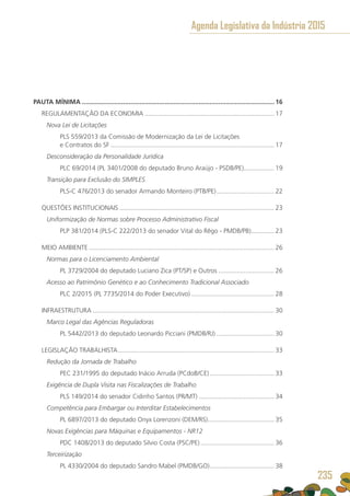 PAUTA MÍNIMA............................................................................................................ 16
REGULAMENTAÇÃO DA ECONOMIA......................................................................... 17
Nova Lei de Licitações
PLS 559/2013 da Comissão de Modernização da Lei de Licitações
e Contratos do SF............................................................................................ 17	
Desconsideração da Personalidade Jurídica
PLC 69/2014 (PL 3401/2008 do deputado Bruno Araújo - PSDB/PE)................. 19
Transição para Exclusão do SIMPLES
PLS-C 476/2013 do senador Armando Monteiro (PTB/PE)................................. 22
QUESTÕES INSTITUCIONAIS....................................................................................... 23
Uniformização de Normas sobre Processo Administrativo Fiscal
PLP 381/2014 (PLS-C 222/2013 do senador Vital do Rêgo - PMDB/PB)............. 23
MEIO AMBIENTE........................................................................................................ 26
Normas para o Licenciamento Ambiental
PL 3729/2004 do deputado Luciano Zica (PT/SP) e Outros................................ 26
Acesso ao Patrimônio Genético e ao Conhecimento Tradicional Associado
PLC 2/2015 (PL 7735/2014 do Poder Executivo)............................................... 28
INFRAESTRUTURA...................................................................................................... 30
Marco Legal das Agências Reguladoras
PL 5442/2013 do deputado Leonardo Picciani (PMDB/RJ)................................. 30
LEGISLAÇÃO TRABALHISTA........................................................................................ 33
Redução da Jornada de Trabalho
PEC 231/1995 do deputado Inácio Arruda (PCdoB/CE)..................................... 33
Exigência de Dupla Visita nas Fiscalizações de Trabalho
PLS 149/2014 do senador Cidinho Santos (PR/MT)........................................... 34
Competência para Embargar ou Interditar Estabelecimentos
PL 6897/2013 do deputado Onyx Lorenzoni (DEM/RS)...................................... 35
Novas Exigências para Máquinas e Equipamentos - NR12
PDC 1408/2013 do deputado Silvio Costa (PSC/PE).......................................... 36
Terceirização
PL 4330/2004 do deputado Sandro Mabel (PMDB/GO)..................................... 38
Agenda Legislativa da Indústria 2015
235
 