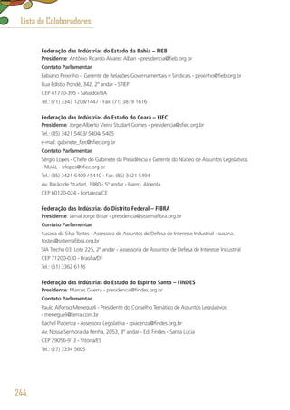 Federação das Indústrias do Estado da Bahia – FIEB
Presidente: Antônio Ricardo Alvarez Alban - presidencia@fieb.org.br
Contato Parlamentar
Fabiano Peixinho – Gerente de Relações Governamentais e Sindicais - peixinho@fieb.org.br
Rua Edístio Pondé, 342, 2º andar - STIEP
CEP 41770-395 - Salvador/BA
Tel.: (71) 3343 1208/1447 - Fax: (71) 3879 1616
Federação das Indústrias do Estado do Ceará – FIEC
Presidente: Jorge Alberto Vieira Studart Gomes - presidencia@sfiec.org.br
Tel.: (85) 3421 5403/ 5404/ 5405
e-mail: gabinete_fiec@sfiec.org.br
Contato Parlamentar
Sérgio Lopes - Chefe do Gabinete da Presidência e Gerente do Núcleo de Assuntos Legislativos
- NUAL - srlopes@sfiec.org.br
Tel.: (85) 3421-5409 / 5410 - Fax: (85) 3421 5494
Av. Barão de Studart, 1980 - 5º andar - Bairro: Aldeota
CEP 60120-024 - Fortaleza/CE 
Federação das Indústrias do Distrito Federal – FIBRA
Presidente: Jamal Jorge Bittar - presidencia@sistemafibra.org.br
Contato Parlamentar
Susana da Silva Tostes - Assessora de Assuntos de Defesa de Interesse Industrial - susana.
tostes@sistemafibra.org.br
SIA Trecho 03, Lote 225, 2º andar - Assessoria de Assuntos de Defesa de Interesse Industrial
CEP 71200-030 - Brasília/DF
Tel.: (61) 3362 6116
Federação das Indústrias do Estado do Espírito Santo – FINDES
Presidente: Marcos Guerra - presidencia@findes.org.br
Contato Parlamentar
Paulo Alfonso Menegueli - Presidente do Conselho Temático de Assuntos Legislativos
- menegueli@terra.com.br
Rachel Piacenza - Assessora Legislativa - rpiacenza@findes.org.br
Av. Nossa Senhora da Penha, 2053, 8º andar - Ed. Findes - Santa Lúcia
CEP 29056-913 - Vitória/ES
Tel.: (27) 3334 5605
Lista de Colaboradores
244
 