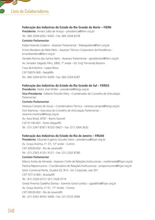 Federação das Indústrias do Estado do Rio Grande do Norte – FIERN
Presidente: Amaro Sales de Araújo - presidencia@fiern.org.br 
Tel.: (84) 3204 6262 / 6265 - Fax: (84) 3204 6278 
Contato Parlamentar
Felipe Holanda Godeiro - Assessor Parlamentar - felipegodeiro@fiern.org.br
Ernani Bandeira de Melo Neto - Assessor Técnico Corporativo da Presidência -
ernanibandeira@fiern.org.br
Geraldo Ramos dos Santos Neto - Assessor Parlamentar - geraldoneto@fiern.org.br
Av. Senador Salgado Filho, 2860, 7º andar - Ed. Engº Fernando Bezerra
Casa da Indústria - Lagoa Nova
CEP 59075-900 - Natal/RN
Tel.: (84) 3204 6274 / 6269 - Fax: (84) 3204 6287 
Federação das Indústrias do Estado do Rio Grande do Sul – FIERGS
Presidente: Heitor José Müller - presidente@fiergs.org.br
Vice-Presidente: Gilberto Porcello Petry - Coordenador do Conselho de Articulação
Parlamentar
Contato Parlamentar
Vanessa Campos de Souza - Coordenadora Técnica - vanessa.campos@fiergs.org.br
Vick Martinez - Executiva do Conselho de Articulação Parlamentar -
vivianne.martinez@fiergs.org.br
Av. Assis Brasil, 8787 - Bairro Sarandí
CEP 91140-001 - Porto Alegre/RS
Tel.: (51) 3347 8787 / 8720 / 8427 - Fax: (51) 3364 3632
Federação das Indústrias do Estado do Rio de Janeiro – FIRJAN
Presidente: Eduardo Eugenio Gouvêa Vieira - presidencia@firjan.org.br
Av. Graça Aranha, nº. 01, 12º andar - Centro
CEP 20030-002 - Rio de Janeiro/RJ
Tel.: (21) 2563 4120 / 4121 - Fax: (21) 2262 8780
Contato Parlamentar
Márcio Fortes de Almeida - Assessor Chefe de Relações Institucionais - mafalmeida@firjan.org.br
Patrícia Nepomuceno - Coordenadora de Relações Institucionais - pnepomuceno@firjan.org.br
Setor Comercial Norte, Quadra 02, Bl A - Ed. Corporate, sala 301
CEP 70712-900 - Brasília/DF
Tel.: (61) 3328 6373 / (61) 3328 0719
Gisela Pimenta Gadelha Dantas - Gerente Geral Jurídico - ggadelha@firjan.org.br
Av. Graça Aranha, n° 01, 11° Andar - Centro
CEP 20030-002 - Rio de Janeiro/RJ
Tel.: (21) 2563 4418 / 4440 - Fax: (21) 2533 2696
Lista de Colaboradores
248
 
