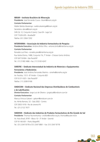 IBRAM – Instituto Brasileiro de Mineração
Presidente: José Fernando Coura - ibram@ibram.org.br
Contato Parlamentar
Walter Batista Alvarenga - walter.alvarenga@ibram.org.br
Secretária: elena@ibram.org.br
SHIS QL 12, Conjunto 0 (zero), Casa 04 - Lago Sul
CEP 71630-205 - Brasília/DF
Telefax: (61) 3364 7202
INTERFARMA – Associação da Indústria Farmacêutica de Pesquisa
Presidente Executivo: Antônio Britto Filho - antonio.britto@interfarma.org.br
Contato Parlamentar
Ronaldo Luiz Pires - ronaldo.pires@interfarma.org.br
Rua Verbo Divino, 1488, Conjunto 7A, 7º Andar - Chácara Santo Antônio
CEP 04719-904 - São Paulo/SP
Tel.: (11) 5180 3486 - Fax: (11) 5183 4247
SIMEFRE – Sindicato Interestadual da Indústria de Materiais e Equipamentos
Ferroviários e Rodoviários
Presidente: José Antônio Fernandes Martins - simefre@simefre.org.br
Av. Paulista, 1313 - 8º Andar - Conjunto 801
CEP 01311-923 - São Paulo/SP
Telefax: (11) 3289 9166
SINDICOM – Sindicato Nacional das Empresas Distribuidoras de Combustíveis
e de Lubrificantes
Diretor-Executivo: Jorge Luiz de Oliveira - jorgeluiz@sindicom.com.br
Contato Parlamentar
Marcus Vinícius Galvani - galvani@sindicom.com.br
Av. Almte Barroso, 52 - Sala 2002 - Centro
CEP 20031-918 - Rio de Janeiro/ RJ
Tel.: (21) 2122 7677
SINDIFAR – Sindicato das Indústrias de Produtos Farmacêuticos do Rio Grande do Sul
Presidente: Thomaz Nunnenkamp - sindifar@sindifar.org.br, thomaz@saude.ind.br
Av. Assis Brasil, 8787 - Bloco 10 - 3º Andar - Sarandi
CEP 91140-001 - Porto Alegre/RS
Tel.: (51) 3347 8778 e (51) 3347 8861 - Fax: (51) 3347 8778
Agenda Legislativa da Indústria 2015
263
 