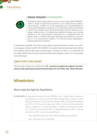 NOSSA POSIÇÃO: CONVERGENTE
O projeto propõe ampla reforma no atual marco legal, MP 2186/2001,
sobre o acesso ao patrimônio genético e ao conhecimento tradicio-
nal associado, medida há muito aguardada por empreendedores e
instituições dedicadas à pesquisa e ao desenvolvimento de produtos
a partir de princípios ativos da biodiversidade nacional. Dentre as ino-
vações, destacam-se: a) a desburocratização do acesso aos recursos
genéticos e ao conhecimento tradicional; b) o estabelecimento de
regras claras e simplificadas para repartição de benefícios econômi-
cos; e c) os mecanismos simples e os incentivos para adequação e
regularização das empresas.
O substitutivo aprovado na Câmara trouxe diversos aprimoramentos ao texto, tais como:
a) a revogação integral da MP 2186-16/2001; b) a desoneração da repartição de benefícios
para espécies exóticas destinadas à alimentação, à energia e às fibras; e c) a definição de
um regime diferenciado de repartição de benefícios para espécies nativas com fins agrícolas
e de alimentação.
ONDE ESTÁ? COM QUEM?
CD (aprovado o projeto com substitutivo). SF – tramita em regime de urgência constitu-
cional, sendo apreciado simultaneamente pelas CCJ, CCT, CRA, CAE, CMA e Plenário.
Infraestrutura
Marco Legal das Agências Reguladoras
PL 5442/2013 do deputado Leonardo Picciani (PMDB/RJ), que “Dispõe sobre a gestão, a
organização e o controle social das Agências Reguladoras, acresce e altera
dispositivos das Leis nº 9.472, de 16 de julho de 1997, nº 9.478, de 6 de agosto
de 1997, nº 9.782, de 26 de janeiro de 1999, nº 9.961, de 28 de janeiro de
2000, nº 9.984, de 17 de julho de 2000, nº 9.986, de 18 de julho de 2000,
e nº 10.233, de 5 de junho de 2001, da Medida Provisória 2.228- 1, de 6 de
setembro de 2001, e dá outras providências”.
	 Foco: Estabelecimento do marco legal das agências reguladoras.
	 Obs.: Apensado ao PL 2275/2003.
Pauta Mínima
30
 