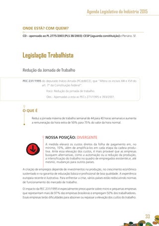 ONDE ESTÁ? COM QUEM?
CD – apensado ao PL 2775/2003 (PLS 38/2003): CESP (aguarda constituição) e Plenário. SF.
Legislação Trabalhista
Redução da Jornada de Trabalho
PEC 231/1995 do deputado Inácio Arruda (PCdoB/CE), que “Altera os incisos XIII e XVI do
art. 7º da Constituição Federal”.
	 Foco: Redução da jornada de trabalho.
	 Obs.: Apensadas a esta as PECs 271/1995 e 393/2001.
O QUE É
Reduz a jornada máxima de trabalho semanal de 44 para 40 horas semanais e aumenta
a remuneração da hora extra de 50% para 75% do valor da hora normal.
NOSSA POSIÇÃO: DIVERGENTE
A medida elevará os custos diretos da folha de pagamento em, no
mínimo, 10%, além de amplificá-los em cada etapa da cadeia produ-
tiva. Ante essa elevação dos custos, é mais provável que as empresas
busquem alternativas, como a automação ou a redução da produção,
a intensificação do trabalho no quadro de empregados existentes e, até
mesmo, mudanças para outros países.
A criação de empregos depende de investimentos na produção, no crescimento econômico
sustentado e na garantia de educação básica e profissional de boa qualidade. A experiência
europeia recente é ilustrativa. Para enfrentar a crise, vários países estão rediscutindo normas
de funcionamento do mercado de trabalho.
O impacto da PEC 231/1995 é especialmente preocupante sobre micro e pequenas empresas
que representam mais de 97% das empresas brasileiras e empregam 50% dos trabalhadores.
Essas empresas terão dificuldades para absorver ou repassar a elevação dos custos do trabalho.
Agenda Legislativa da Indústria 2015
33
 