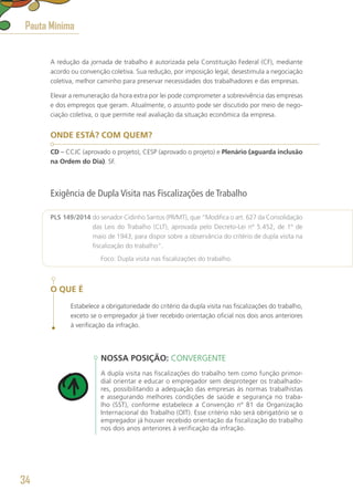 A redução da jornada de trabalho é autorizada pela Constituição Federal (CF), mediante
acordo ou convenção coletiva. Sua redução, por imposição legal, desestimula a negociação
coletiva, melhor caminho para preservar necessidades dos trabalhadores e das empresas.
Elevar a remuneração da hora extra por lei pode comprometer a sobrevivência das empresas
e dos empregos que geram. Atualmente, o assunto pode ser discutido por meio de nego-
ciação coletiva, o que permite real avaliação da situação econômica da empresa.
ONDE ESTÁ? COM QUEM?
CD – CCJC (aprovado o projeto), CESP (aprovado o projeto) e Plenário (aguarda inclusão
na Ordem do Dia). SF.
Exigência de Dupla Visita nas Fiscalizações de Trabalho
PLS 149/2014 do senador Cidinho Santos (PR/MT), que “Modifica o art. 627 da Consolidação
das Leis do Trabalho (CLT), aprovada pelo Decreto-Lei nº 5.452, de 1º de
maio de 1943, para dispor sobre a observância do critério de dupla visita na
fiscalização do trabalho”.
	 Foco: Dupla visita nas fiscalizações do trabalho.
O QUE É
Estabelece a obrigatoriedade do critério da dupla visita nas fiscalizações do trabalho,
exceto se o empregador já tiver recebido orientação oficial nos dois anos anteriores
à verificação da infração.
NOSSA POSIÇÃO: CONVERGENTE
A dupla visita nas fiscalizações do trabalho tem como função primor-
dial orientar e educar o empregador sem desproteger os trabalhado-
res, possibilitando a adequação das empresas às normas trabalhistas
e assegurando melhores condições de saúde e segurança no traba-
lho (SST), conforme estabelece a Convenção nº 81 da Organização
Internacional do Trabalho (OIT). Esse critério não será obrigatório se o
empregador já houver recebido orientação da fiscalização do trabalho
nos dois anos anteriores à verificação da infração.
Pauta Mínima
34
 