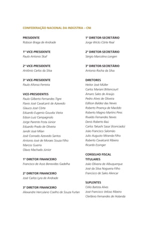PRESIDENTE
Robson Braga de Andrade
1º VICE-PRESIDENTE
Paulo Antonio Skaf
2º VICE-PRESIDENTE
Antônio Carlos da Silva
3º VICE-PRESIDENTE
Paulo Afonso Ferreira
VICE-PRESIDENTES
Paulo Gilberto Fernandes Tigre
Flavio José Cavalcanti de Azevedo
Glauco José Côrte
Eduardo Eugenio Gouvêa Vieira
Edson Luiz Campagnolo
Jorge Parente Frota Júnior
Eduardo Prado de Oliveira
Jandir José Milan
José Conrado Azevedo Santos
Antonio José de Moraes Souza Filho
Marcos Guerra
Olavo Machado Júnior
1º DIRETOR FINANCEIRO
Francisco de Assis Benevides Gadelha
2º DIRETOR FINANCEIRO
José Carlos Lyra de Andrade
3º DIRETOR FINANCEIRO
Alexandre Herculano Coelho de Souza Furlan
1º DIRETOR-SECRETÁRIO
Jorge Wicks Côrte Real
2º DIRETOR-SECRETÁRIO
Sérgio Marcolino Longen
3º DIRETOR-SECRETÁRIO
Antonio Rocha da Silva
DIRETORES
Heitor José Müller
Carlos Mariani Bittencourt
Amaro Sales de Araújo
Pedro Alves de Oliveira
Edílson Baldez das Neves
Roberto Proença de Macêdo
Roberto Magno Martins Pires
Rivaldo Fernandes Neves
Denis Roberto Baú
Carlos Takashi Sasai (licenciado)
João Francisco Salomão
Julio Augusto Miranda Filho
Roberto Cavalcanti Ribeiro
Ricardo Essinger
CONSELHO FISCAL
TITULARES
João Oliveira de Albuquerque
José da Silva Nogueira Filho
Francisco de Sales Alencar
SUPLENTES
Célio Batista Alves
José Francisco Veloso Ribeiro
Clerlânio Fernandes de Holanda
CONFEDERAÇÃO NACIONAL DA INDÚSTRIA – CNI
 