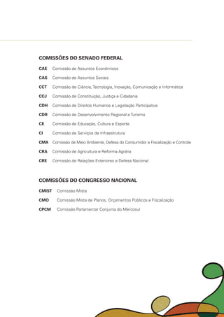 COMISSÕES DO SENADO FEDERAL
CAE	 Comissão de Assuntos Econômicos
CAS	 Comissão de Assuntos Sociais
CCT	 Comissão de Ciência, Tecnologia, Inovação, Comunicação e Informática
CCJ	 Comissão de Constituição, Justiça e Cidadania
CDH	 Comissão de Direitos Humanos e Legislação Participativa
CDR	 Comissão de Desenvolvimento Regional e Turismo
CE	 Comissão de Educação, Cultura e Esporte
CI	 Comissão de Serviços de Infraestrutura
CMA	 Comissão de Meio Ambiente, Defesa do Consumidor e Fiscalização e Controle
CRA	 Comissão de Agricultura e Reforma Agrária
CRE	 Comissão de Relações Exteriores e Defesa Nacional
COMISSÕES DO CONGRESSO NACIONAL
CMIST	 Comissão Mista
CMO	 Comissão Mista de Planos, Orçamentos Públicos e Fiscalização
CPCM	 Comissão Parlamentar Conjunta do Mercosul
 