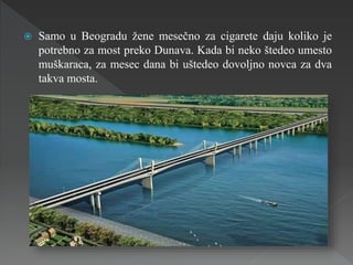  Samo u Beogradu žene mesečno za cigarete daju koliko je
potrebno za most preko Dunava. Kada bi neko štedeo umesto
muškaraca, za mesec dana bi uštedeo dovoljno novca za dva
takva mosta.
 