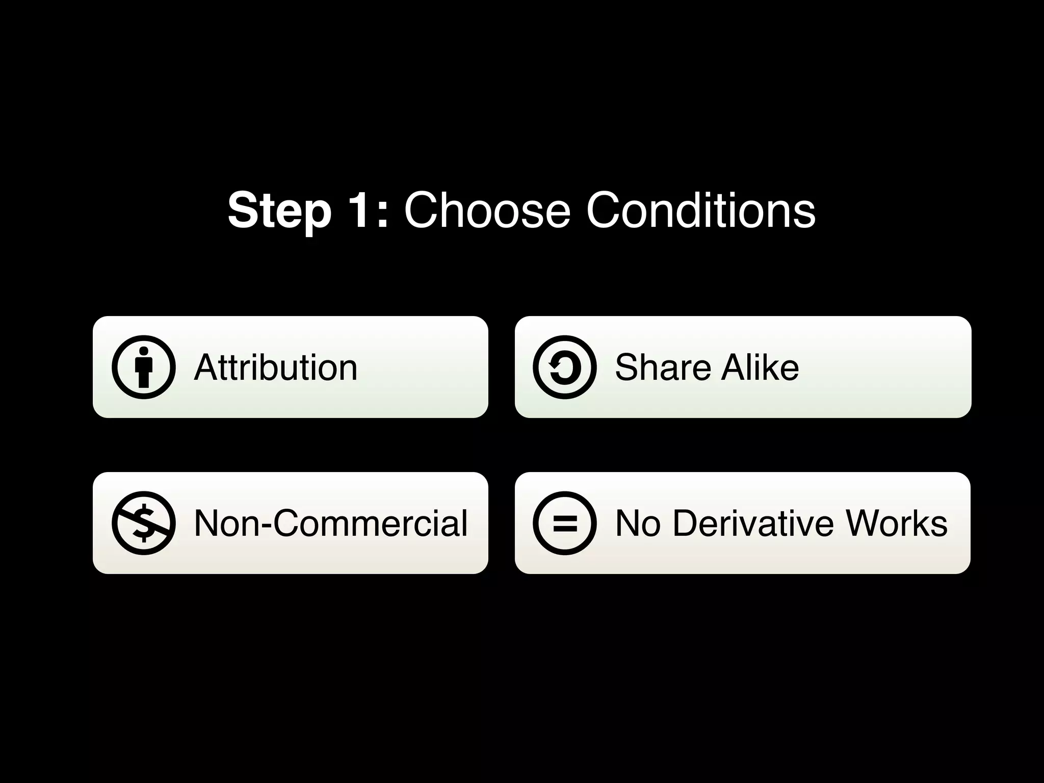 Step 1: Choose Conditions


Attribution       Share Alike



Non-Commercial    No Derivative Works
 