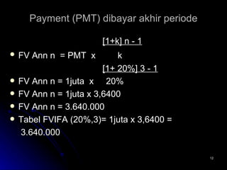 Payment (PMT) dibayar akhir periode   [1+k] n - 1 FV Ann n  = PMT  x  k   [1+ 20%] 3 - 1 FV Ann n = 1juta  x  20% FV Ann n = 1juta x 3,6400  FV Ann n = 3.640.000 Tabel FVIFA (20%,3)= 1juta x 3,6400 =   3.640.000 