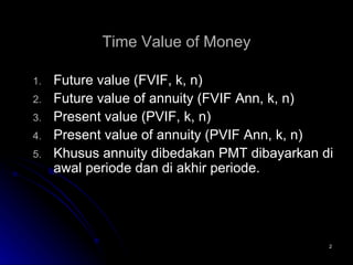 Time Value of Money Future value (FVIF, k, n) Future value of annuity (FVIF Ann, k, n) Present value (PVIF, k, n) Present value of annuity (PVIF Ann, k, n) Khusus annuity dibedakan PMT dibayarkan di awal periode dan di akhir periode. 