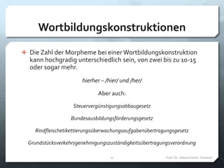 Wortbildungskonstruktionen
 Die Zahl der Morpheme bei einer Wortbildungskonstruktion
kann hochgradig unterschiedlich sein, von zwei bis zu 10-15
oder sogar mehr.
hierher – /hier/ und /her/
Aber auch:
Steuervergünstigungsabbaugesetz
Bundesausbildungsförderungsgesetz
Rindfleischetikettierungsüberwachungsaufgabenübertragungsgesetz
Grundstücksverkehrsgenehmigungszuständigkeitsübertragungsverordnung
Prof. Dr. Jelena Kostić-Tomović11
 