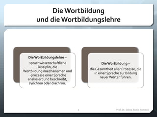 Die Wortbildung
und die Wortbildungslehre
DieWortbildungslehre –
sprachwissenschaftliche
Disziplin, die
Wortbildungsmechanismen und
-prozesse einer Sprache
analysiert und beschreibt,
synchron oder diachron.
DieWortbildung –
die Gesamtheit aller Prozesse, die
in einer Sprache zur Bildung
neuerWörter führen.
Prof. Dr. Jelena Kostić-Tomović2
 