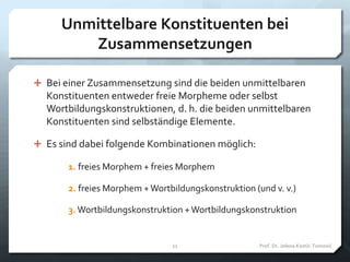Unmittelbare Konstituenten bei
Zusammensetzungen
 Bei einer Zusammensetzung sind die beiden unmittelbaren
Konstituenten entweder freie Morpheme oder selbst
Wortbildungskonstruktionen, d. h. die beiden unmittelbaren
Konstituenten sind selbständige Elemente.
 Es sind dabei folgende Kombinationen möglich:
1. freies Morphem + freies Morphem
2. freies Morphem +Wortbildungskonstruktion (und v. v.)
3. Wortbildungskonstruktion +Wortbildungskonstruktion
Prof. Dr. Jelena Kostić-Tomović21
 