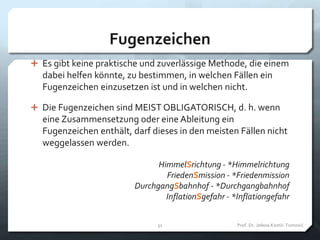 Fugenzeichen
 Es gibt keine praktische und zuverlässige Methode, die einem
dabei helfen könnte, zu bestimmen, in welchen Fällen ein
Fugenzeichen einzusetzen ist und in welchen nicht.
 Die Fugenzeichen sind MEIST OBLIGATORISCH, d. h. wenn
eine Zusammensetzung oder eine Ableitung ein
Fugenzeichen enthält, darf dieses in den meisten Fällen nicht
weggelassen werden.
HimmelSrichtung - *Himmelrichtung
FriedenSmission - *Friedenmission
DurchgangSbahnhof - *Durchgangbahnhof
InflationSgefahr - *Inflationgefahr
Prof. Dr. Jelena Kostić-Tomović31
 