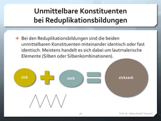 Unmittelbare Konstituenten
bei Reduplikationsbildungen
 Bei den Reduplikationsbildungen sind die beiden
unmittelbaren Konstituenten miteinander identisch oder fast
identisch. Meistens handelt es sich dabei um lautmalerische
Elemente (Silben oder Silbenkombinationen).
Prof. Dr. Jelena Kostić-Tomović36
zick zack zickzack
 