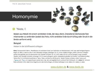 Homonymie
 1Niete, f.
Prof. Dr. Jelena Kostić Tomović
5
www.duden.de & www.dwds.de
 
