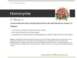 Homonymie
 2Strauß, m.
Prof. Dr. Jelena Kostić Tomović
8
www.duden.de & www.dwds.de
 