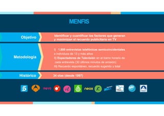 Objetivo
I) 1.800 entrevistas telefónicas semicoincidentales
a individuos de 13 y más años
II) Espectadores de Televisión en el tramo horario de
cada entrevista (30 últimos minutos de emisión)
III) Recuerdo espontáneo, recuerdo sugerido y total
Metodología
34 olas (desde 1997)Histórico
MENFIS
Identificar y cuantificar los factores que generan
y maximizan el recuerdo publicitario en TV
 