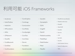 利用可能 iOS Frameworks
Accelerate
AudioToolbox
AudioUnit
AVFoundation
AVKit
CFNetwork
CloudKit
CoreBluetooth
CoreData
CoreFoundation
CoreGraphics
CoreImage
CoreLocation
CoreMedia
CoreSpotlight
CoreText
CoreVideo
Darwin
Foundation
GameController
GameKit
GameplayKit
GLKit
ImageIO
MachO
MediaAccessibility
MediaPlayer
MediaToolbox
Metal
MetalKit
MetalPerformanceShaders
MobileCoreServices
ModelIO
OpenGLES
SceneKit
Security
simd
SpriteKit
StoreKit
Swift Standard Library
SystemConﬁguration
UIKit
 