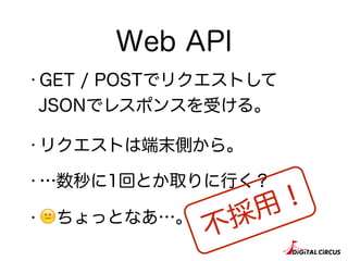 Web API
・GET / POSTでリクエストして
JSONでレスポンスを受ける。
・リクエストは端末側から。
・…数秒に1回とか取りに行く？
・ 😕ちょっとなあ…。
不採用！
 