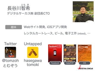 長谷川智希
とも き
@tomzoh 
とむぞう
趣味 Webサイト開発, iOSアプリ開発
レンタルカートレース, ビール, 電子工作 (mbed), …
hasegawa 
tomoki
デジタルサーカス㈱ 副団長CTO
Facebook CakePHP iOS
UntappedTwitter
 