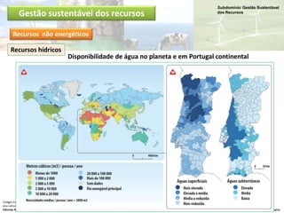 Subdomínio: Gestão Sustentável
dos Recursos
Colégio Conciliar de Maria Imaculada
Ano Letivo 2013/2014
Ciências Naturais – 8º ano Professora: Carolina Caçador
Disponibilidade de água no planeta e em Portugal continental
Gestão sustentável dos recursos
Recursos não energéticos
Recursos hídricos
 