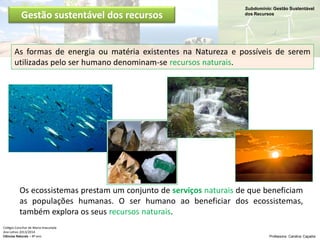 Subdomínio: Gestão Sustentável
dos Recursos
Colégio Conciliar de Maria Imaculada
Ano Letivo 2013/2014
Ciências Naturais – 8º ano Professora: Carolina Caçador
Gestão sustentável dos recursos
As formas de energia ou matéria existentes na Natureza e possíveis de serem
utilizadas pelo ser humano denominam-se recursos naturais.
Os ecossistemas prestam um conjunto de serviços naturais de que beneficiam
as populações humanas. O ser humano ao beneficiar dos ecossistemas,
também explora os seus recursos naturais.
 