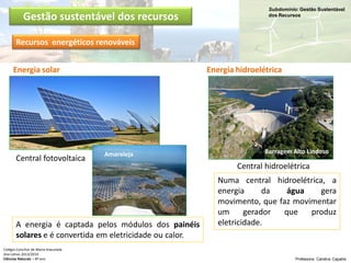 Subdomínio: Gestão Sustentável
dos Recursos
Colégio Conciliar de Maria Imaculada
Ano Letivo 2013/2014
Ciências Naturais – 8º ano Professora: Carolina Caçador
Gestão sustentável dos recursos
Recursos energéticos renováveis
Energia solar
Central fotovoltaica
Energia hidroelétrica
A energia é captada pelos módulos dos painéis
solares e é convertida em eletricidade ou calor.
Amareleja
Numa central hidroelétrica, a
energia da água gera
movimento, que faz movimentar
um gerador que produz
eletricidade.
Central hidroelétrica
Barragem Alto Lindoso
 