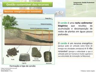 Subdomínio: Gestão Sustentável
dos Recursos
Colégio Conciliar de Maria Imaculada
Ano Letivo 2013/2014
Ciências Naturais – 8º ano Professora: Carolina Caçador
Gestão sustentável dos recursos
Formação e tipo de carvão
O carvão é uma rocha sedimentar
biogénica que resultou da
acumulação e decomposição de
restos de plantas em águas pouco
profundas.
O carvão é um recurso energético
(porque pode ser utilizado como fonte de
energia nas atividades antrópicas) e é não
renovável (porque a velocidade a que é
utilizado pelo ser humano é muito superior à
sua velocidade de renovação na Natureza).
PortoEditora
Recursos energéticos não renováveis
 