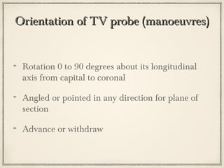Orientation of TV probe (manoeuvres)

Rotation 0 to 90 degrees about its longitudinal
axis from capital to coronal
Angled or pointed in any direction for plane of
section
Advance or withdraw

 