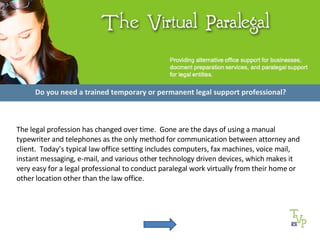 Do you need a trained temporary or permanent legal support professional? The legal profession has changed over time.  Gone are the days of using a manual typewriter and telephones as the only method for communication between attorney and client.  Today’s typical law office setting includes computers, fax machines, voice mail, instant messaging, e-mail, and various other technology driven devices, which makes it very easy for a legal professional to conduct paralegal work virtually from their home or other location other than the law office.  