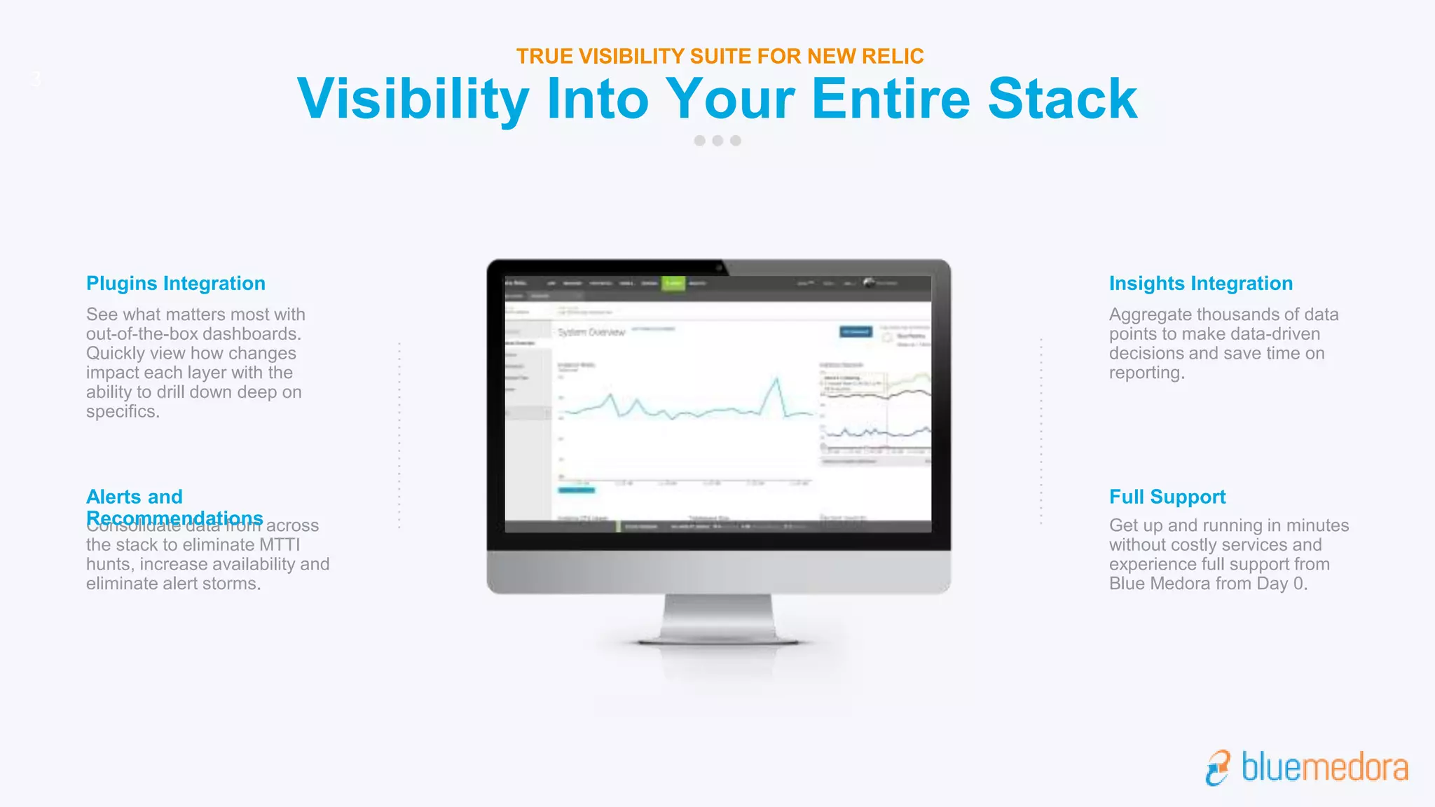 Aggregate thousands of data
points to make data-driven
decisions and save time on
reporting.
Insights Integration
Consolidate data from across
the stack to eliminate MTTI
hunts, increase availability and
eliminate alert storms.
Alerts and
Recommendations
3
See what matters most with
out-of-the-box dashboards.
Quickly view how changes
impact each layer with the
ability to drill down deep on
specifics.
Plugins Integration
Get up and running in minutes
without costly services and
experience full support from
Blue Medora from Day 0.
Full Support
FPO
Visibility Into Your Entire Stack
TRUE VISIBILITY SUITE FOR NEW RELIC
 