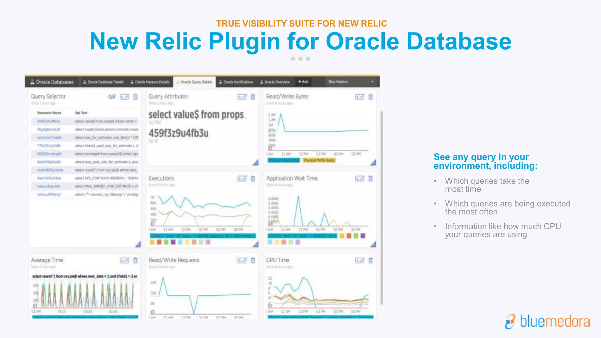 New Relic Plugin for Oracle Database
TRUE VISIBILITY SUITE FOR NEW RELIC
See any query in your
environment, including:
• Which queries take the
most time
• Which queries are being executed
the most often
• Information like how much CPU
your queries are using
 