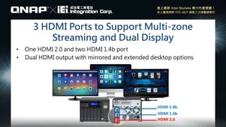 3 HDMI Ports to Support Multi-zone
Streaming and Dual Display
• One HDMI 2.0 and two HDMI 1.4b port
• Dual HDMI output with mirrored and extended desktop options
HDMI 1.4b
HDMI 1.4b
HDMI 2.0
 