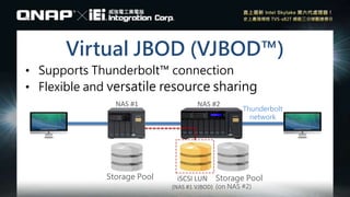 Virtual JBOD (VJBOD™)
• Supports Thunderbolt™ connection
• Flexible and versatile resource sharing
NAS #1 NAS #2
Storage Pool
Thunderbolt
network
Storage Pool
(on NAS #2)
iSCSI LUN
(NAS #1 VJBOD)
 
