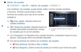 ◀ ▶
Español
■ Admin. de canales
O CONTENT → Ver TV → Admin. de canales → ENTERE
Con el Admin. de canales, puede añadir, editar o borrar canales añadidos
y favoritos. También puede añadir y editar
nombres de canales, pero sólo de los canales
analógicos.
● (( ) Can. agrds.: Muestra todos los
canales añadidos.
● (( ) Todos los canales: Muestra todos los
canales disponibles actualmente. Incluye
los canales que no se han añadido.
● (( ) Favoritos 1-5: Muestra cinco canales favoritos, ordenados hasta en cinco
grupos. Cada grupo tiene una pantalla separada.
N Uso de los botones de colores con el Admin. de canales.
● a Rojo (Antena): Cambia a Aire o Cable.
● } Azul (Organiz.): Ordena la lista de canales por nombre o por número de canal.
● La imagen mostrada puede variar según el
modelo.
6 -----(Air)
8 -----(Air)
10 -----(Air)
12 -----(Air)
14 -----(Air)
16 -----(Air)
18 -----(Air)
20 -----(Air)
22 -----(Air)
24 -----(Air)
7 -----(Air)
9 -----(Air)
11 -----(Air)
13 -----(Air)
15 -----(Air)
17 -----(Air)
19 -----(Air)
21 -----(Air)
23 -----(Air)
25 -----(Air)
Admin. de canalesAdmin. de canales Can. agrds.
Ele seleccionados : 4 Número de canal
1/1 Página
a Antena } Organizar Página E Seleccionar T Herramientas R RegresarAire
 