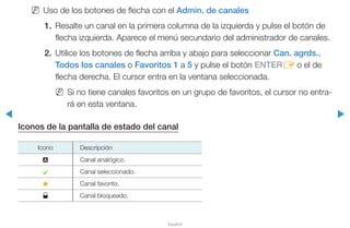◀ ▶
Español
NN Uso de los botones de flecha con el Admin. de canales
1.	 Resalte un canal en la primera columna de la izquierda y pulse el botón de
flecha izquierda. Aparece el menú secundario del administrador de canales.
2.	 Utilice los botones de flecha arriba y abajo para seleccionar Can. agrds.,
Todos los canales o Favoritos 1 a 5 y pulse el botón ENTERE o el de
flecha derecha. El cursor entra en la ventana seleccionada.
NN Si no tiene canales favoritos en un grupo de favoritos, el cursor no entra-
rá en esta ventana.
Iconos de la pantalla de estado del canal
Icono Descripción
a Canal analógico.
c Canal seleccionado.
F Canal favorito.
 Canal bloqueado.
 