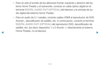 ◀ ▶
Español
–– Para oír sólo el sonido de los altavoces frontal, izquierdo y derecho del sis-
tema Home Theater y el subwoofer, conecte un cable óptico digital en el
terminal DIGITAL AUDIO OUT (OPTICAL) del televisor y la entrada de au-
dio digital del sistema Home Theater.
–– Para oír audio de 5.1 canales, conecte cables HDMI al reproductor de DVD
Anynet+, decodificador de satélite, etc. A continuación, conecte el terminal
DIGITAL AUDIO OUT (OPTICAL) del reproductor DVD, decodificador de
satélite, etc. (es decir, dispositivo 1 o 2 Anynet + ) directamente al sistema
Home Theater, no al televisor.
 
