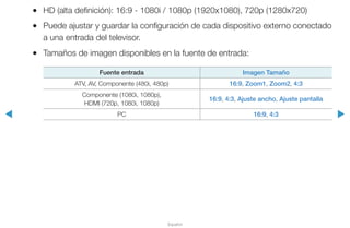 ◀ ▶
Español
●● HD (alta definición): 16:9 - 1080i / 1080p (1920x1080), 720p (1280x720)
●● Puede ajustar y guardar la configuración de cada dispositivo externo conectado
a una entrada del televisor.
●● Tamaños de imagen disponibles en la fuente de entrada:
Fuente entrada Imagen Tamaño
ATV, AV, Componente (480i, 480p) 16:9, Zoom1, Zoom2, 4:3
Componente (1080i, 1080p),
HDMI (720p, 1080i, 1080p)
16:9, 4:3, Ajuste ancho, Ajuste pantalla
PC 16:9, 4:3
 