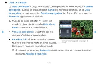 ◀ ▶
Español
■■ Lista de canales
La Lista de canales incluye los canales que se pueden ver en el televisor (Canales
agregados) cuando se pulsa el botón Canal del mando a distancia. En la Lista
de canales, se pueden ver los Canales agregados, la información del canal, los
Favoritos y gestionar los canales.
OO Cuando se pulsa el botón CH LIST del
mando a distancia, la pantalla Lista de ca-
nales se muestra al mismo tiempo.
●● Canales agregados: Muestra todos los
canales añadidos (memorizados).
●● Favoritos 1-5: Muestra todos los canales
favoritos, ordenados hasta en cinco grupos.
Cada grupo tiene una pantalla separada.
NN El televisor muestra los Favoritos sólo si se han añadido canales favoritos
mediante Agregar a favoritos.
●● La imagen mostrada puede variar según el
modelo.
Lista de canales
Canales agregados
a 2 -----(Air)
a 3 ----(Air)
a 4 -----(Air)
a 5 -----(Air)
a 6 -----(Air)
a 7 -----(Air)
a 8 -----(Air)
a
a 9 -----(Air)
a Antena L Modo CH E Ver k PáginaAir
 
