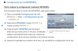 ◀ ▶
Español
■■ Configuración de red (WPS(PBC))
Cómo realizar la configuración mediante WPS(PBC)
Si el enrutador tiene un botón de WPS(PBC), siga estos pasos:
1.	 Vaya a la pantalla Configuración de red.
(MENUm → Red → Configuración de red
→ ENTERE)
2.	Seleccione WPS(PBC), pulse ENTERE y
vuelva a pulsar ENTERE.
3.	 Pulse el botón WPS(PBC) del enrutador
antes de que transcurran 2 minutos. El televisor
obtiene automáticamente todos los valores de
configuración de la red que necesita y se conecta a la red.
4.	 Aparece la pantalla de conexión de la red y se completa la configuración de la red.
●● La imagen mostrada puede variar según el
modelo.
U Mover E Entrar R Regresar
Configuración de red
Seleccione un tipo de conexión de red.
Cable
Inalámb. (General)
WPS(PBC)
One Foot
Connection
Para conectarse fácilmente con el punto de acceso,
presione el botón WPS(PBC). Seleccione si su punto
de acceso es compatible con la configuración del
botón (PBC).
 