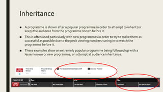 Inheritance
■ A programme is shown after a popular programme in order to attempt to inherit (or
keep) the audience from the programme shown before it.
■ This is often used particularly with new programmes in order to try to make them as
successful as possible due to the peak viewing numbers tuning in to watch the
programme before it.
■ These examples show an extremely popular programme being followed up with a
lesser known or new programme, an attempt at audience inheritance.
 