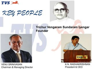 KEY PEOPLE
Trichur Vengaram Sundaram Iyengar
Founder

VENU SRINIVASAN
Chairman & Managing Director

K.N. RADHAKRISHNAN
President & CEO

 
