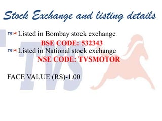 Stock Exchange and listing details
Listed in Bombay stock exchange
BSE CODE: 532343
Listed in National stock exchange
NSE CODE: TVSMOTOR
FACE VALUE (RS)-1.00

 
