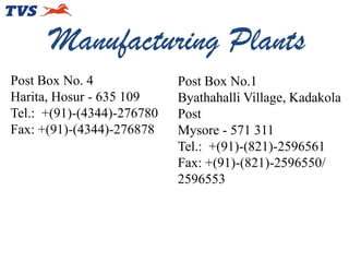 Manufacturing Plants
Post Box No. 4
Harita, Hosur - 635 109
Tel.: +(91)-(4344)-276780
Fax: +(91)-(4344)-276878

Post Box No.1
Byathahalli Village, Kadakola
Post
Mysore - 571 311
Tel.: +(91)-(821)-2596561
Fax: +(91)-(821)-2596550/
2596553

 