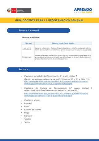 #APRENDOENCASA
GUÍA DOCENTE PARA LA PROGRAMACIÓN SEMANAL
Enfoque transversal
Enfoque Ambiental
Valor(es) Respeto a toda forma de vida
Actitud(es)
Aprecio, valoración y disposición para el cuidado a toda forma de vida sobre la
Tierra desde una mirada sistémica y global, revalorando los saberes ancestrales.
Por ejemplo
Los estudiantes y sus familias desarrollan acciones ciudadanas a favor de la
preservación y la valoración de la fauna local a partir de actividades lúdicas y
propuestas de solución de asuntos públicos.
Recursos
•	 Cuaderno de trabajo de Comunicación 5.° grado Unidad 7
¡Auxilio, especies en peligro de extinción! (páginas 122 a 123 y 128 a 129)
http://www.perueduca.pe/recursosedu/c-cuadernos-trabajo/primaria/
comunicacion/comunicacion-6-cuaderno-trabajo.pdf
•	 Cuaderno de trabajo de Comunicación 6.° grado Unidad 7
Advertimos...¡Animales en peligro de extinción (página 120)
http://www.perueduca.pe/recursosedu/c-cuadernos-trabajo/primaria/
comunicacion/comunicacion-6-cuaderno-trabajo.pdf
•	 Cuaderno u hojas
•	 Lapicero
•	 Lápiz
•	 Lápices de colores
•	 Regla
•	 Borrador
•	 Tajador
•	 Textos
 