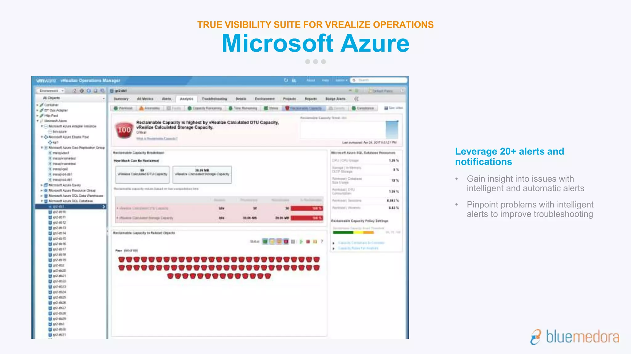 Microsoft Azure
TRUE VISIBILITY SUITE FOR VREALIZE OPERATIONS
Leverage 20+ alerts and
notifications
• Gain insight into issues with
intelligent and automatic alerts
• Pinpoint problems with intelligent
alerts to improve troubleshooting
 