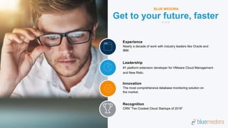 #1 platform extension developer for VMware Cloud Management
and New Relic.
Leadership
The most comprehensive database monitoring solution on
the market.
Innovation
CRN “Ten Coolest Cloud Startups of 2016”
Recognition
Nearly a decade of work with industry leaders like Oracle and
IBM.
Experience
Get to your future, faster
BLUE MEDORA
 
